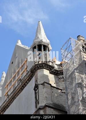 Cathedral Notre-Dame de Paris, after the fire, under reconstruction with scaffolding Stock Photo