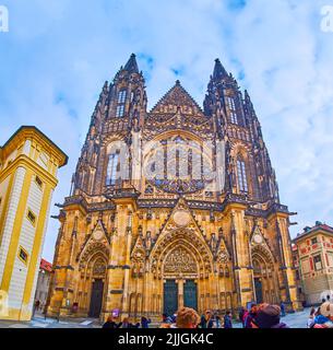 The Gothic facade of Cathedral of St Adalbert, St Vitus and St Wenceslaus in Prague Castle, Czech Republic Stock Photo