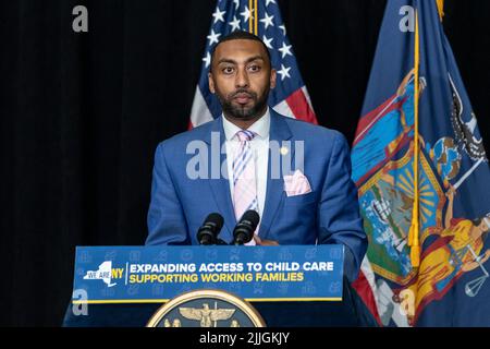 State Senator Jamaal Bailey who sponsored diapers bill speaks during Governor Hochul announcement on child care at Washington Heights YM&YWHA. Governor announced that nearly $70 million in grant funding has been awarded to newly licensed, registered or permitted child care programs. She also signed a bill eliminating local sale taxes on adult and children's diapers. (Photo by Lev Radin/Pacific Press) Stock Photo