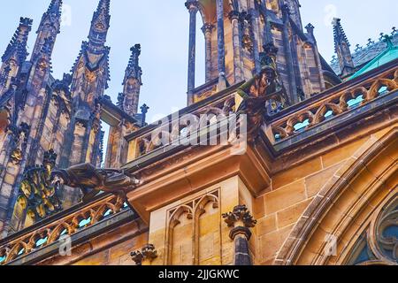 The medieval Gothic gargoyles on the wall of St Vitus Cathedral, located in Prague Castle, Hradcany, Czech Republic Stock Photo