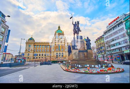 PRAGUE, CZECH REPUBLIC - MARCH 6, 2022: Historic and modern housing of Wenceslas Square with St Wenceslas monument and building of National Museum, on Stock Photo