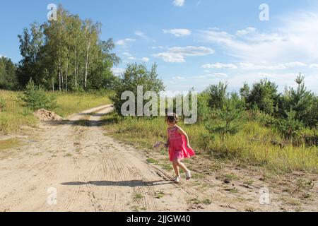Cutie toddler girl in pink dress with a doll runs along sandy path among fields and forest. Copy space. Stock Photo
