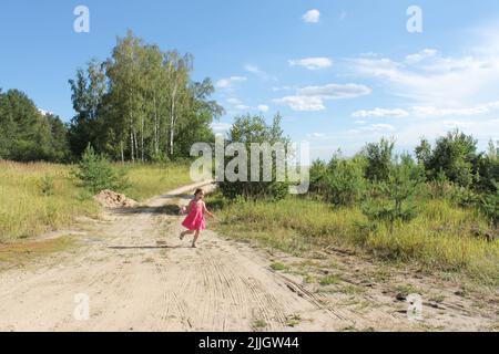 Funny toddler girl in pink dress with a doll runs along sandy path among fields and forest. Copy space. Stock Photo