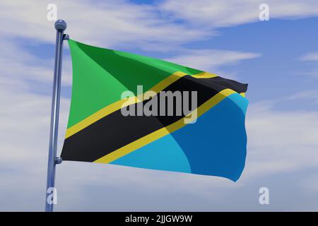 A 3d rendering of Tanzania's flag waving in the wind against the blue sky Stock Photo