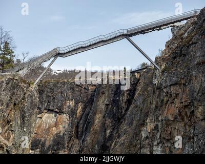 Viewpoint bridge at waterfall Voringfoss, Hardangervidda, Norway Stock Photo