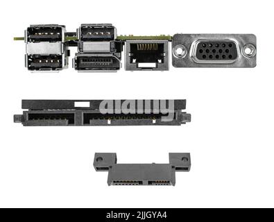 connectors, sockets for pc, motherboards, white background, collage Stock Photo