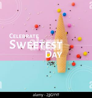 Image of celebrate sweetest day over pink and blue background with candy and ice cream cones Stock Photo