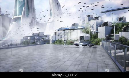 Female robot, droid. Futuristic city. flying car traffic. megapolice. Future concept. 3d rendering. Stock Photo