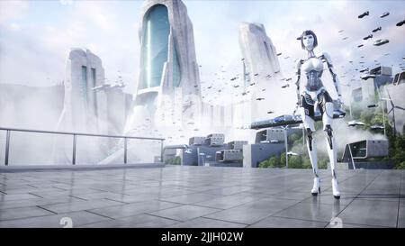 Female robot, droid. Futuristic city. flying car traffic. megapolice. Future concept. 3d rendering. Stock Photo