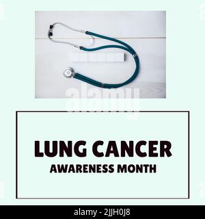 Image of lung cancer awareness month over stethoscope and mint background Stock Photo