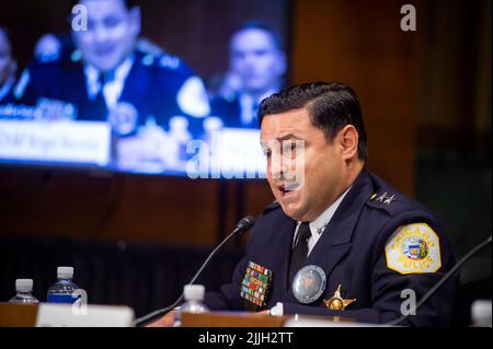 Washington, United States Of America. 26th July, 2022. Angel Novalez, Chief of Constitutional Policing And Reform, Chicago Police Department, appears before a Senate Committee on the Judiciary hearing to examine law enforcement officer safety, focusing on protecting those who protect and serve, in the Dirksen Senate Office Building in Washington, DC, Tuesday, July 26, 2022. Credit: Rod Lamkey/CNP/Sipa USA Credit: Sipa USA/Alamy Live News Stock Photo
