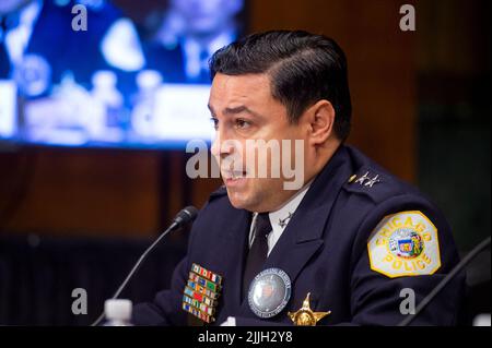 Angel Novalez, Chief of Constitutional Policing And Reform, Chicago Police Department, appears before a Senate Committee on the Judiciary hearing to examine law enforcement officer safety, focusing on protecting those who protect and serve, in the Dirksen Senate Office Building in Washington, DC, USA, on Tuesday, July 26, 2022. Photo by Rod Lamkey / CNP/ABACAPRESS.COM Stock Photo