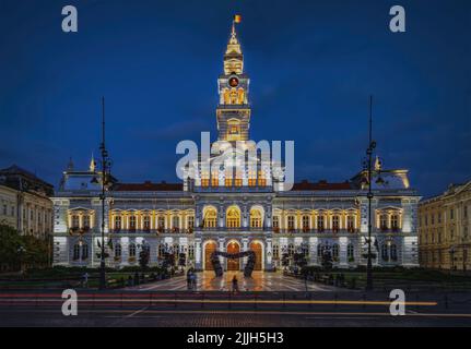 Town hall of Arad city illuminated at the blue hour. Photo taken on 17th July 2022 in Arad, Arad County, Romania. Stock Photo