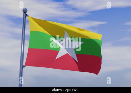 Waving flag of Myanmar with chrome flag pole in blue sky waving in the ...