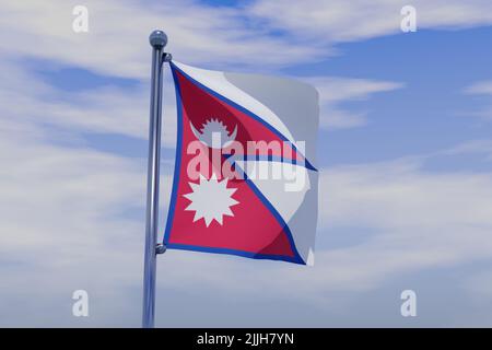 A 3D illustration of waving flag of Nepal with a chrome flag pole on blue sky background Stock Photo