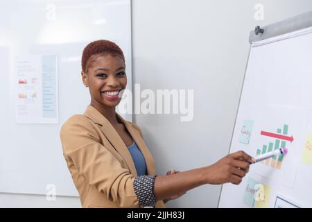 Portrait of smiling african american young businesswoman explaining strategy on flipchart Stock Photo