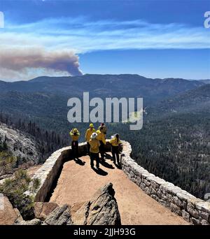 Mariposa County, United States. 22nd July, 2022. Members of the U.S. Forest Service Burned Area Emergency Response team view smoke from the Oak Fire burning in Yosemite National Park, July 22, 2022 in Mariposa County, California. The BAER team performs emergency stabilization for longer-term rehabilitation to repair damage caused by the forest fire. Credit: BAER Team/USFS/Alamy Live News Stock Photo