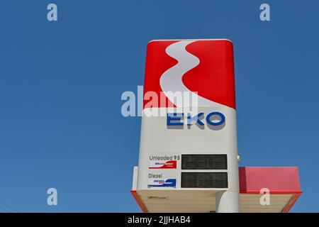 Argostili, Kefalonia, Greece - June 2022: I Sign displaying petrol prices at a petrol station operated by EKO in Argostili Stock Photo