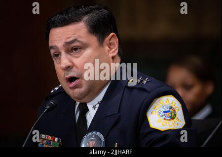 Washington, USA. 26th July, 2022. Angel Novalez, Chief of Constitutional Policing and Reform, Chicago Police Department, testifies during a Senate Judiciary Committee hearing, at the U.S. Capitol, in Washington, DC, on Tuesday, July 26, 2022. The Judiciary Committee heard testimony from law enforcement officers on law enforcement safety. (Graeme Sloan/Sipa USA) Credit: Sipa USA/Alamy Live News Stock Photo