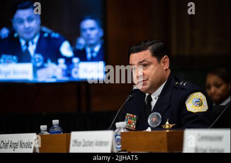 Washington, USA. 26th July, 2022. Angel Novalez, Chief of Constitutional Policing and Reform, Chicago Police Department, testifies during a Senate Judiciary Committee hearing, at the U.S. Capitol, in Washington, DC, on Tuesday, July 26, 2022. The Judiciary Committee heard testimony from law enforcement officers on law enforcement safety. (Graeme Sloan/Sipa USA) Credit: Sipa USA/Alamy Live News Stock Photo
