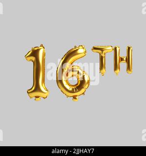 3d illustration of 16th golden balloons isolated on white background Stock Photo