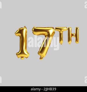 3d illustration of 17th golden balloons isolated on white background Stock Photo