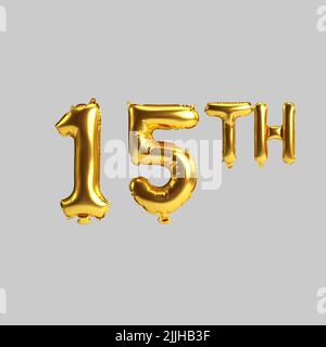3d illustration of 15th golden balloons isolated on white background Stock Photo