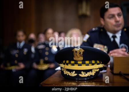 Washington, USA. 26th July, 2022. The police hat belonging to Angel Novalez, Chief of Constitutional Policing and Reform, Chicago Police Departmnent, rests on the witness table, during a Senate Judiciary Committee hearing, at the U.S. Capitol, in Washington, DC, on Tuesday, July 26, 2022. The Judiciary Committee heard testimony from law enforcement officers on law enforcement safety. (Graeme Sloan/Sipa USA) Credit: Sipa USA/Alamy Live News Stock Photo