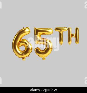 3d illustration of 65th golden balloons isolated on white background Stock Photo