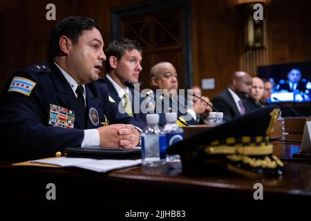Washington, USA. 26th July, 2022. Angel Novalez, Chief of Constitutional Policing and Reform, Chicago Police Department, testifies during a Senate Judiciary Committee hearing, at the U.S. Capitol, in Washington, DC, on Tuesday, July 26, 2022. The Judiciary Committee heard testimony from law enforcement officers on law enforcement safety. (Graeme Sloan/Sipa USA) Credit: Sipa USA/Alamy Live News Stock Photo