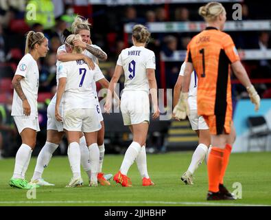 Beth Mead of England celebrates with her team mates after scoring during the UEFA Women European Championship match between England Women and Sweden at Bramall Lane, Sheffield on Tuesday 26th July 2022. (Credit: Mark Fletcher | MI News) Credit: MI News & Sport /Alamy Live News Stock Photo