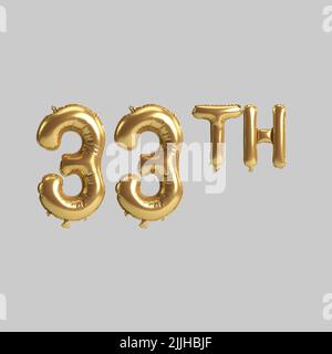 3d illustration of 33th gold balloons isolated on background Stock Photo