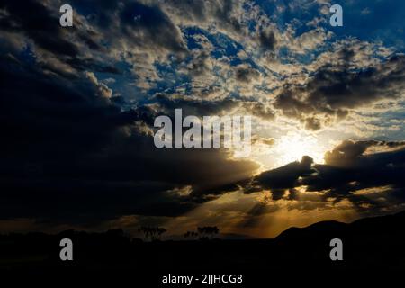 Setting sun shining through scattered clouds, leaving beautiful shadows and colors such as blue, yellow, black, orange and white. African bush sundown Stock Photo