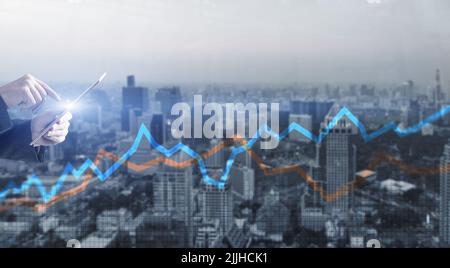 Red and blue financial charts on background doble exposure mixed media Stock Photo