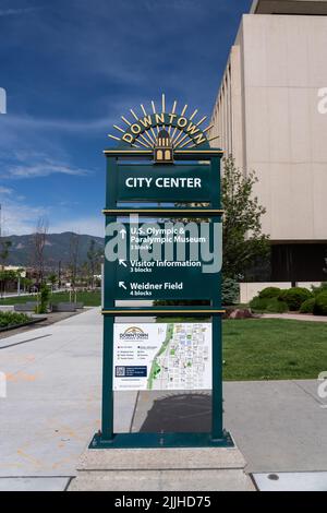 Colorado Springs, CO - July 3, 2022: Information sign Downtown with directions and a map. Stock Photo