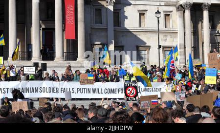 London, UK - February 27, 2022: Demonstration against Russian aggression in Ukraine at Trafalgar Square Stock Photo