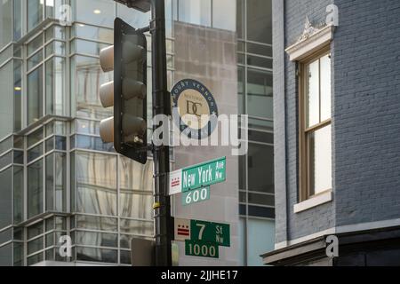 Washington, DC, USA - June 26, 2022: Sign on a light signal post designating the Mount Vernon Square Historic District downtown at New York Ave. and 7 Stock Photo