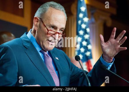 Washington, United States Of America. 26th July, 2022. United States Senate Majority Leader Chuck Schumer (Democrat of New York) offers remarks during the Senate Democrat's policy luncheon press conference at the US Capitol in Washington, DC, Tuesday, July 26, 2022. Credit: Rod Lamkey/CNP/Sipa USA Credit: Sipa USA/Alamy Live News Stock Photo