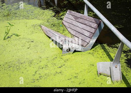 Irpin, Ukraine. 12th July, 2022. Flooded bench on the bridge over the Irpin river destroyed by the Ukrainian army to stop the advance of Russian troops from advancing to Kyiv. Russia invaded Ukraine on February 24, 2022. (Credit Image: © Oleksii Chumachenko/SOPA Images via ZUMA Press Wire) Stock Photo