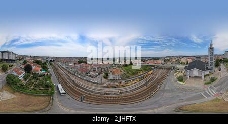 360 degree panoramic landscape panorama of the Ermesinde Railway station and city center Stock Photo