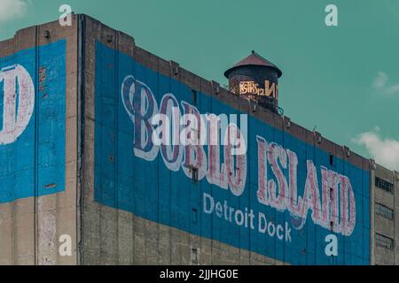 Detroit Dock Boblo Island mural sign on the building for Detroit Harbor Terminal, Detroit, Michigan, Wayne County, USA Stock Photo