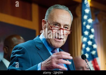 United States Senate Majority Leader Chuck Schumer (Democrat of New York) offers remarks during the Senate Democratâs policy luncheon press conference at the US Capitol in Washington, DC, Tuesday, July 26, 2022. Credit: Rod Lamkey/CNP Stock Photo