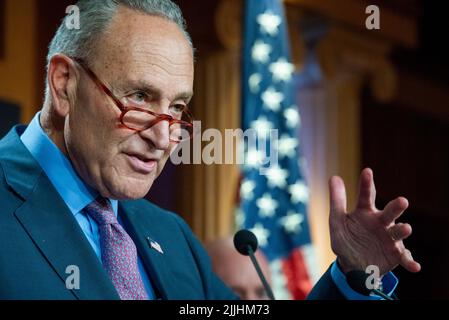 United States Senate Majority Leader Chuck Schumer (Democrat of New York) offers remarks during the Senate Democrat's policy luncheon press conference at the US Capitol in Washington, DC, Tuesday, July 26, 2022. Credit: Rod Lamkey/CNP /MediaPunch Stock Photo