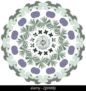 An unusual mandala design featuring a 3D edge, mosaic circles and decorative items within the pattern. Stock Photo