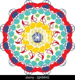 Colorful mandala circle pattern on white background. Digitally generated in red, blue, yellow and green. Stock Photo
