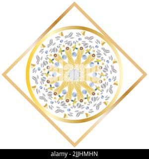Interesting mandala shape full of texture and gradient colors in shades of yellow and blue, framed in gold and on a white background. Stock Photo