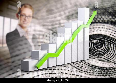 Economy graph: rising arrow, executive woman and cash dollars Stock Photo