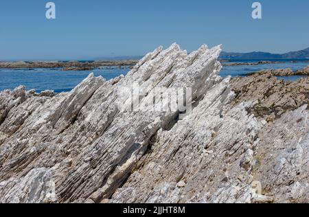 A Look at life in New Zealand: The rugged, rocky coastline of Kaikoura, South Island, New Zealand. Stock Photo