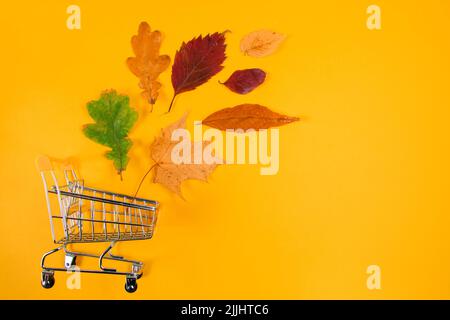 Autumn sale concept. Shopping cart and fallen colored leaves on a yellow background. Creative composition for advertising. Copy space. Stock Photo