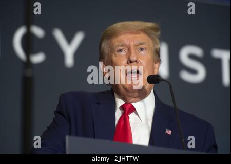 Washington, United States. 26th July, 2022. Former President of the United States Donald Trump speaks during his first trip back to Washington, DC at the American First Agenda Summit held by the America First Policy Institute at the Marriott Marquis Hotel in Washington, DC on Tuesday, July 26, 2022. Photo by Bonnie Cash/UPI Credit: UPI/Alamy Live News Stock Photo